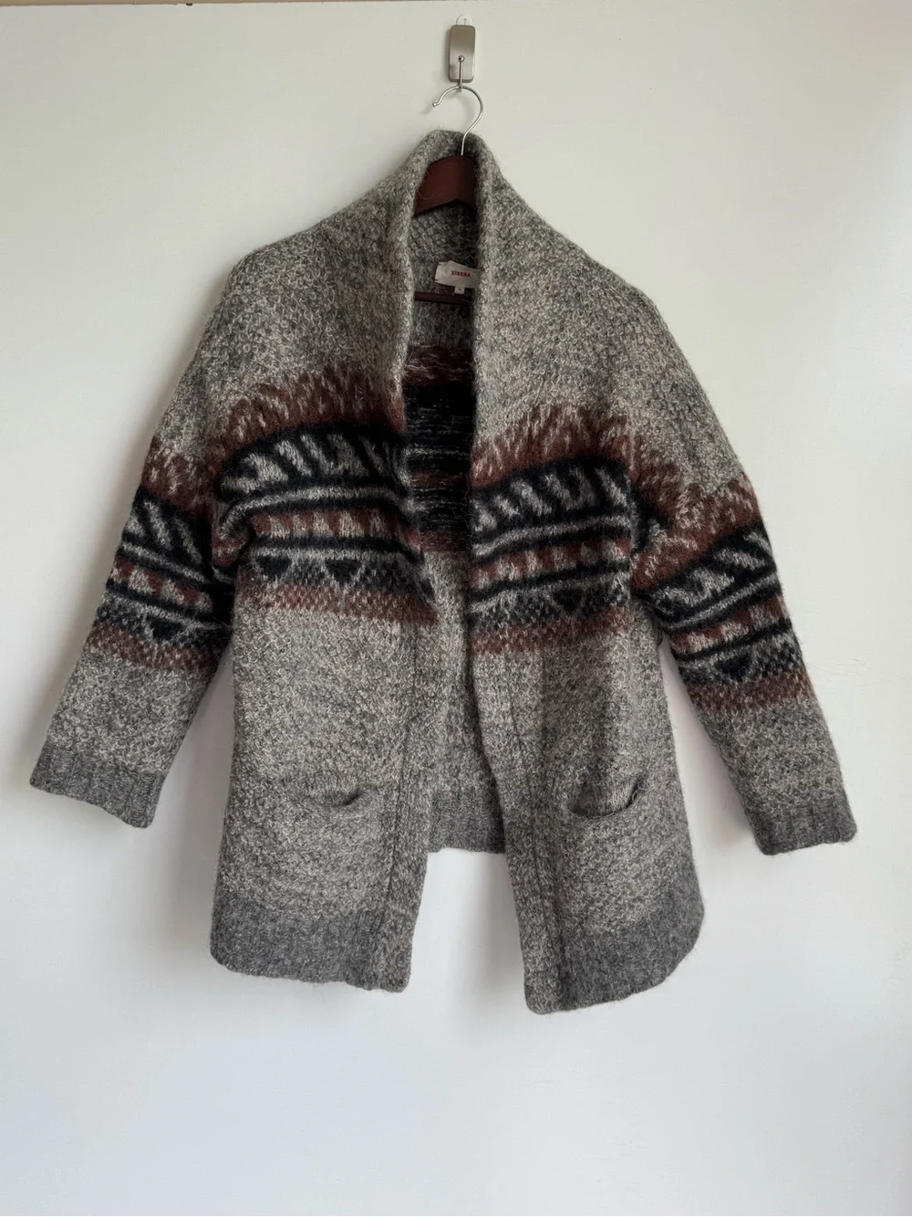 XIRENA Carmella Cardigan Tobacco Aztec Women Medium Baby Alpaca Jacquard Gray